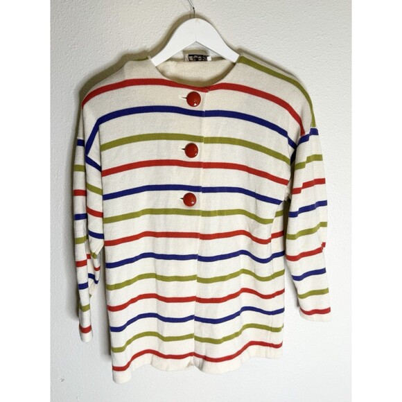Vintage St John Marie Gray Striped Santana Knit Cardigan Large - Picture 1 of 3
